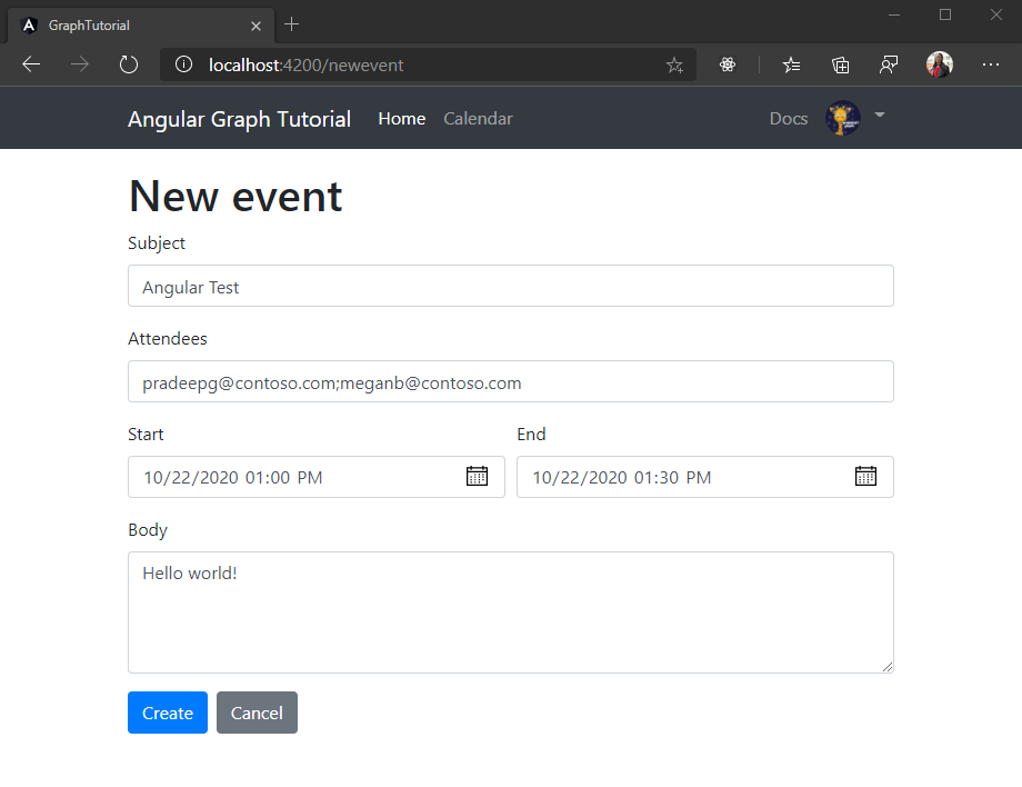 Uma captura de tela do novo formulário de evento