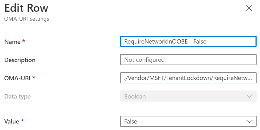 Captura de tela da configuração de RequireNetworkInOOBE como falso via OMA-URI no Intune.