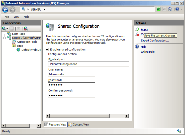 Screenshot of Shared Configuration window.