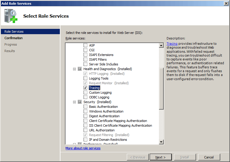 Screenshot of the Add Role Services wizard displaying the Role Services page. Tracing is highlighted in the menu.