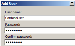 Screenshot that shows the Allow User dialog box. I I S Manager is selected and Contoso User is listed in the field.