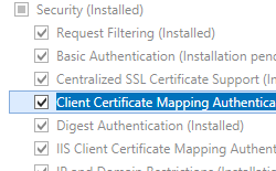 Image of Web Server and Security pane expanded with Client Certificate Mapping Authentication selected.