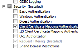 Image of Select Role Services page with Security pane expanded and Client Certificate Mapping Authentication selected.