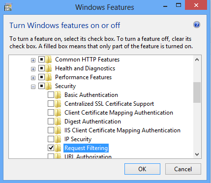 Screenshot of the Windows 8 or 8.1 Features dialog. Request Filtering is highlighted.