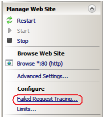 Screenshot of the Manage Web Site section of the Actions pane, with the Failed Request Tracing option being highlighted.
