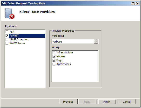 Screenshot of the Select Trace Providers screen with the ASPNET Provider option being highlighted.
