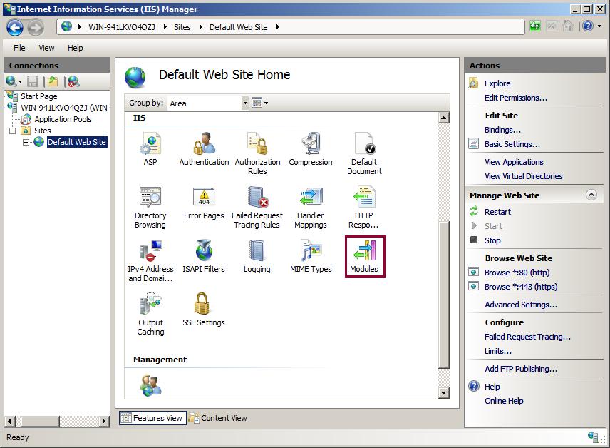 Screenshot of the Default Web Site Home screen with the Modules option being highlighted.