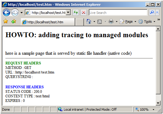 Screenshot of a webpage reading here is a sample page that is served by static file handler.