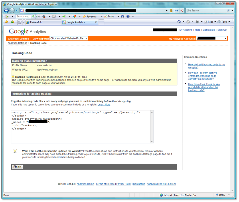 Captura de tela da página da Web do Google Analytics com o script de acompanhamento.