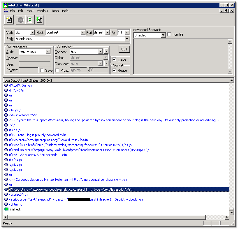 Captura de tela do W Fetch UI exibindo a saída do servidor web e o script de rastreamento preenchendo o campo Saída de Log.