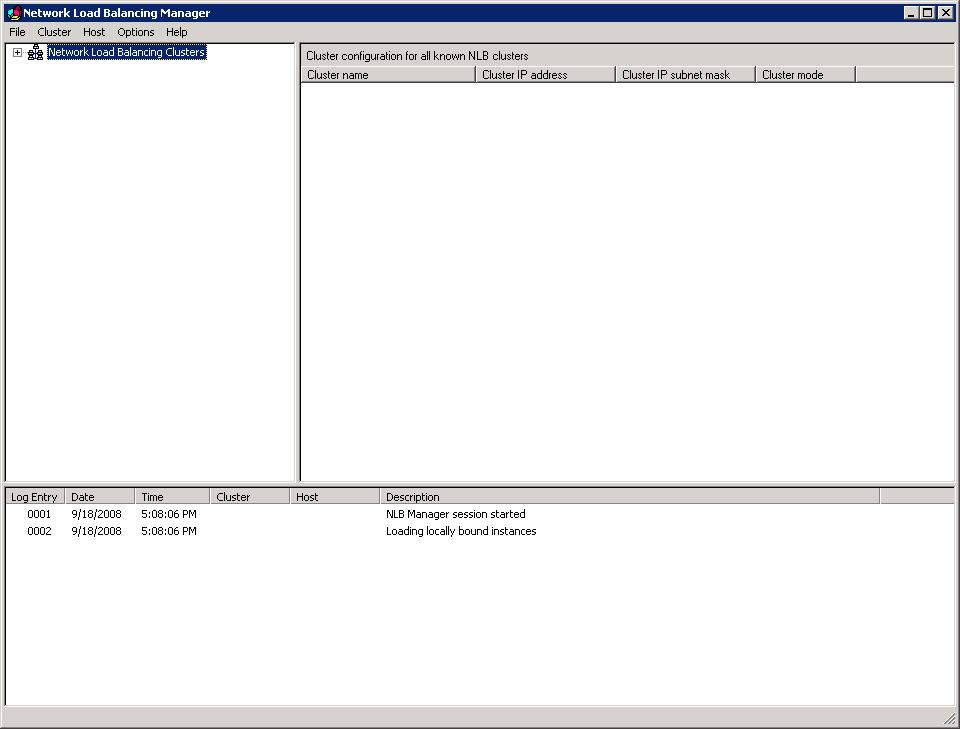 Screenshot of the Network Load Balancing Manager window with Network Load Balancing Clusters highlighted.
