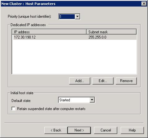 Screenshot of the New Cluster Host Parameters dialog with default settings.