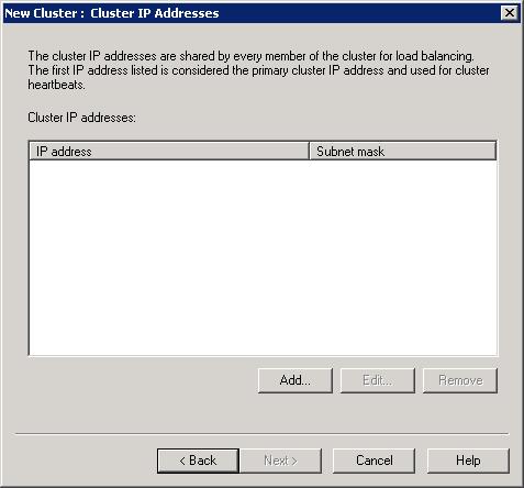 Screenshot of the New Cluster Cluster I P Addresses dialog.