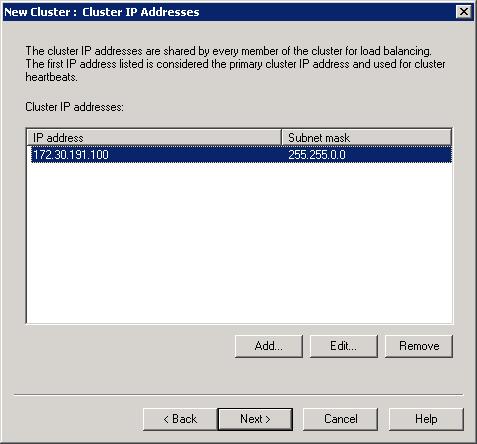 Screenshot of the Cluster I P Addresses dialog showing an I P address and subnet mask.