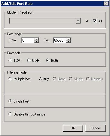 Screenshot of the Add/Edit Port Rule dialog. Single host is selected in the Filtering mode section.
