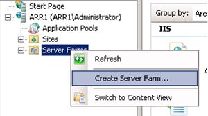 Screenshot of the navigation tree in I I S Manager. Server Farms is selected and a menu is shown. Create Server Farm is highlighted.