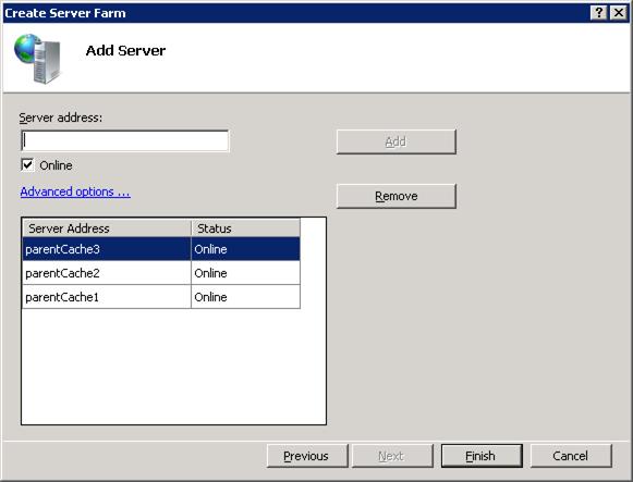Screenshot of the Create Server Farm dialog box. In the Server Address and Status columns, the options parent cache three online is highlighted.