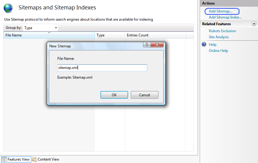 Captura de tela mostrando a janela Sitemaps e Índices de Sitemaps com a caixa de diálogo Novo Sitemap.