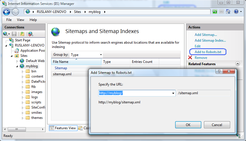 Captura de tela da janela I I S Manager e da caixa de diálogo de texto Adicionar Sitemap a Robôs. 