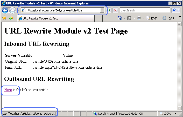 Screenshot of the new U R L after hovering over the link in the U R L Rewrite Module Test Page using a web browser.