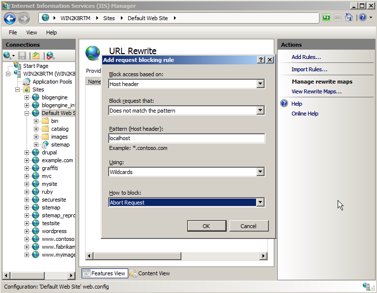 Captura de tela da caixa de diálogo Adicionar regra de bloqueio de solicitação. Na caixa Como bloquear, a Solicitação de Anulação está selecionada.