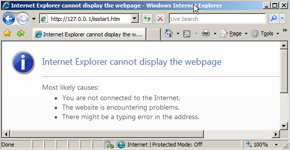 Captura de tela do navegador web Internet Explorer. O texto na página diz que o Internet Explorer não pode exibir a página da Web.