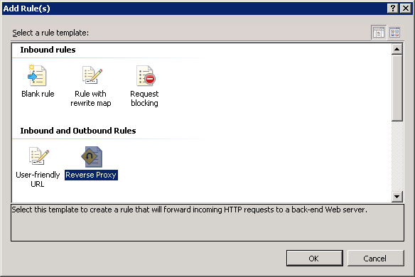 Screenshot of the Add Rules dialog box displaying the rule template options. Reverse Proxy is highlighted.