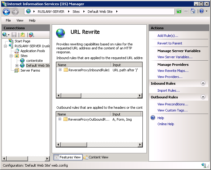 Screenshot of the I I S Manager displaying the U R L Rewrite page.