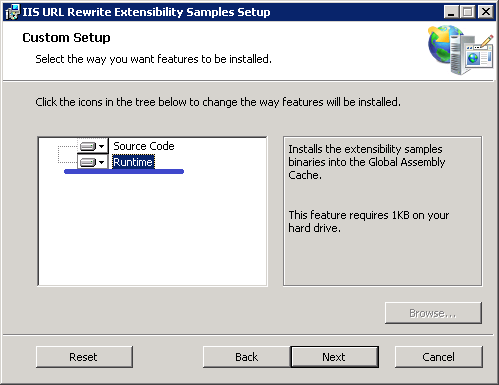 Captura de tela da caixa de diálogo I I S U R L Rewrite Extensibility Samples Setup (Configuração de exemplos de extensibilidade de regravação I I S U R L). O ícone Tempo de execução está realçado.