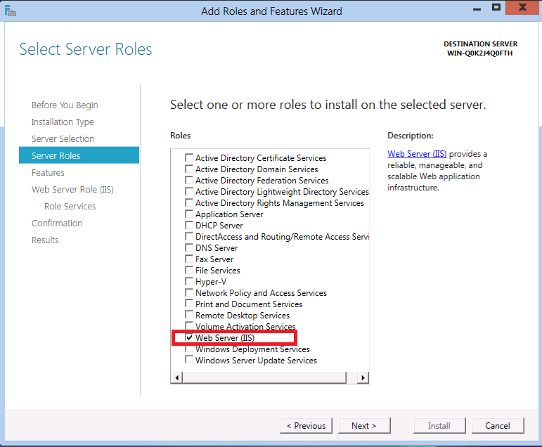 Captura de tela da lista Funções de Servidor no Assistente para Adicionar Funções e Recursos com Servidor Web I I S marcada e realçada.