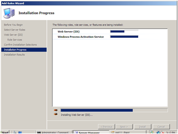 Captura de tela da caixa de diálogo Progresso da Instalação do Assistente para Adicionar Funções.