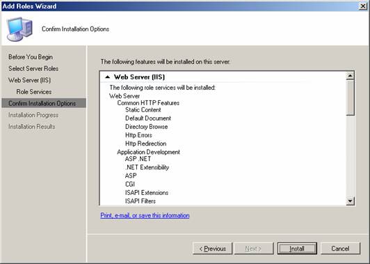 Captura de tela do Assistente para Adicionar Funções na página Confirmar Opções de Instalação.