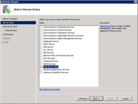Captura de tela do Assistente para Adicionar Funções na página Selecionar Serviços de Função. Servidor Web I I S é selecionado e realçado no menu.