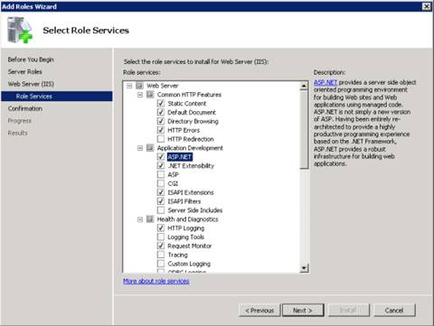 Captura de tela da página Selecionar Serviços de Função no Assistente para Adicionar Funções. A S P .NET é selecionada e realçada.