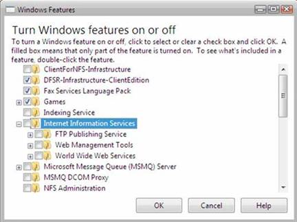Captura de tela da caixa de diálogo Recursos do Windows. Serviços de Informações da Internet é realçado.