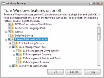 Captura de tela da caixa de diálogo Recursos do Windows. Os Serviços de Informações da Internet são selecionados e expandidos.