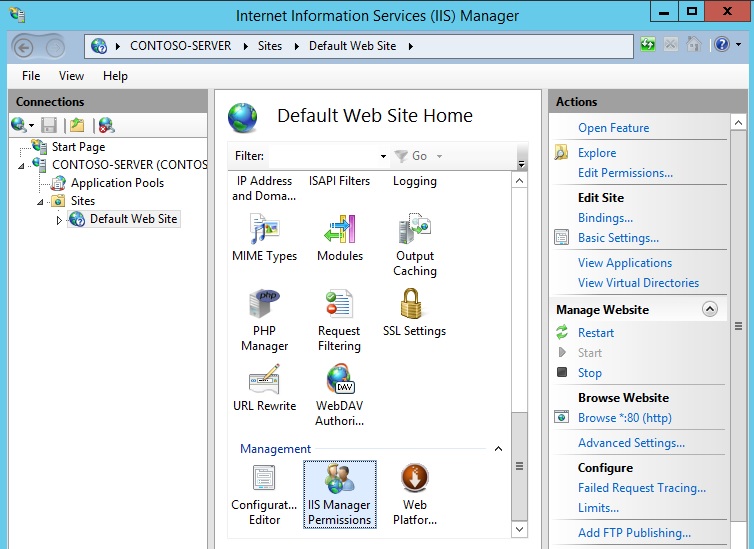 Captura de tela do Internet Information I I S Manager. O nó Sites é mostrado no painel esquerdo. O ícone I I S Manager está selecionado.