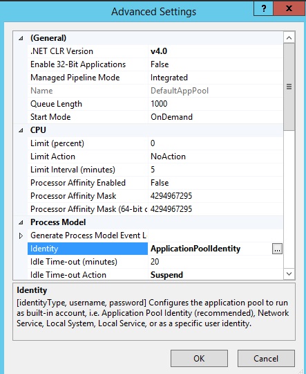 Captura de tela da caixa de diálogo Configurações Avançadas com a configuração identidade sendo realçada.