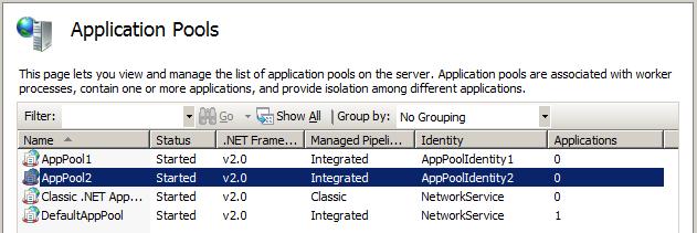 Screenshot of the Application Pools showing the changed identities for the applications pools.
