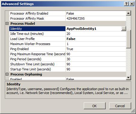 Screenshot of the Advanced Settings dialog box with the Identity value being highlighted in the Process Model section.