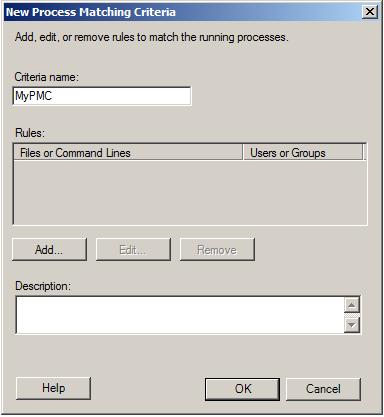 Captura de tela da caixa de diálogo Novos Critérios de Correspondência de Processos com o nome de Critérios definido como Meu P M C.