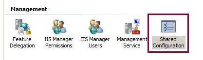 Captura de tela do I I S Manager com o ícone Configuração compartilhada selecionado.