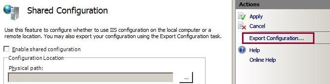Captura de tela do painel Ações em Configuração Compartilhada com o ponto Ponto de Configuração de Exportação realçado.