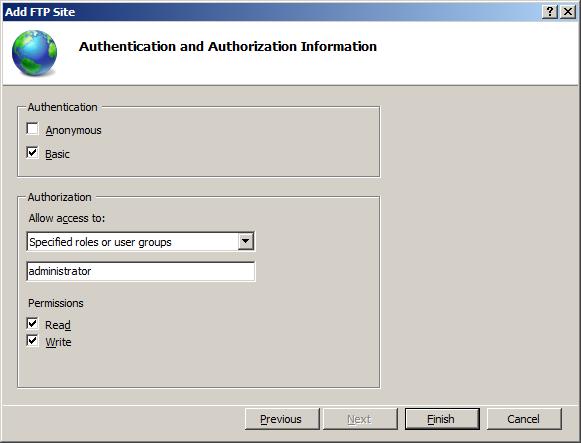 Screenshot of Authentication and Authorization Information page. Basic is selected. Specified users is selected from Allow access to list. Administrator is written for the user name. Permissions to Read and Write are selected.