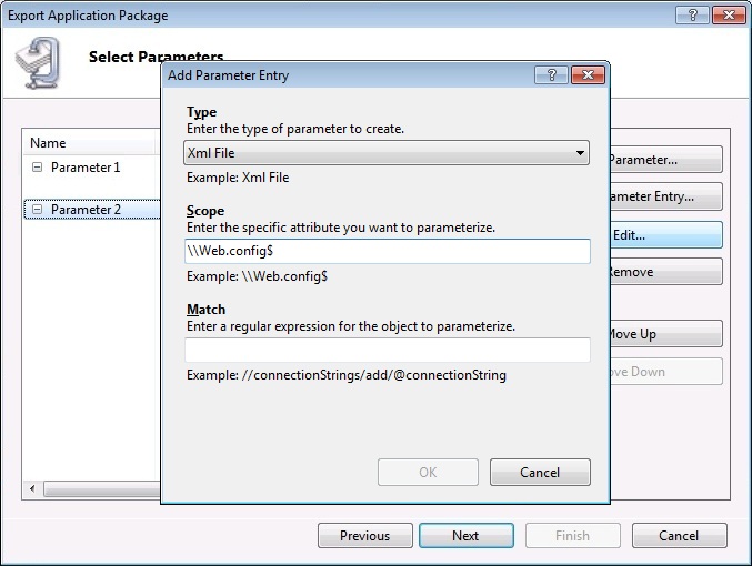Captura de tela da caixa de diálogo Adicionar Entrada de Parâmetro com a entrada de cifrão de configuração de ponto da Web no campo Escopo.