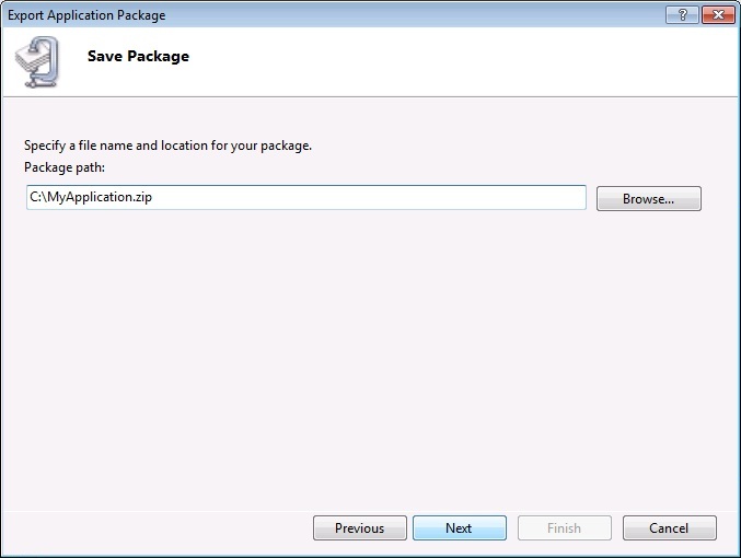 Captura de tela da caixa de diálogo Salvar pacote mostrando o caminho do pacote.