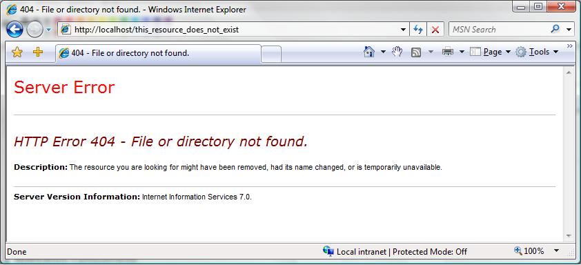 Screenshot of the the H T T P Error 404 file or directory not found webpage in Internet Explorer.
