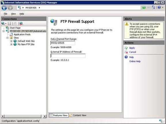 Screenshot of the Data Channel Port Range set to a value of 49152 dash 65535 in the F T P Firewall Support pane.