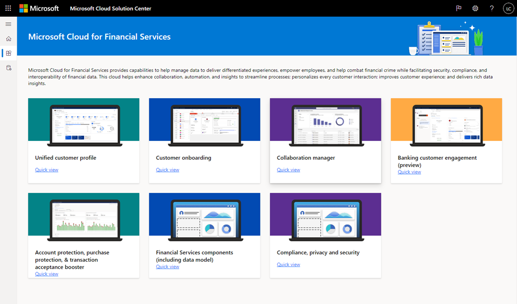 Captura de tela da página do Microsoft Cloud for Financial Services no Centro de Soluções mostrando os recursos