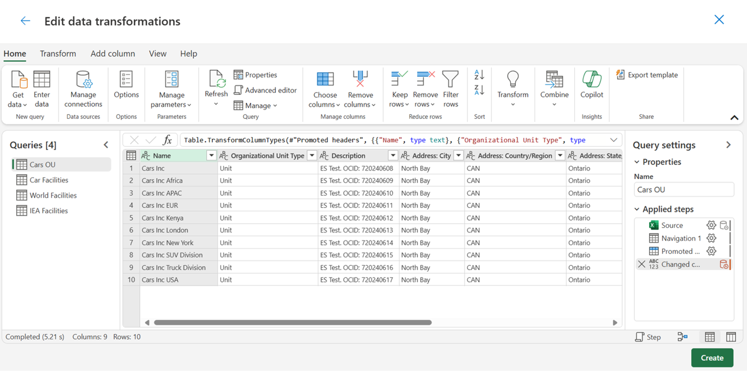 Captura de tela do pop-up Editar transformações de dados.